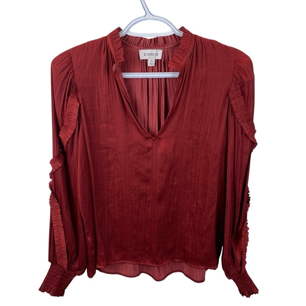 EVEREVE Roan & Ryan Kylee Satin Ruffle Blouse Red Burgundy sz XS Puff Sleeves